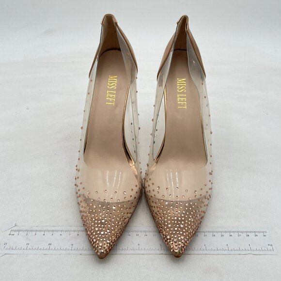 Miss Left Champagne Studded Pointed Toe Transparent Pumps High Heels Shoes - Picture 2 of 7